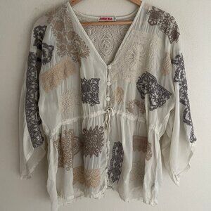 JOHNNY WAS Elegant Cream Colored Gold & Grey Button Up Top: Medium; NWOT!